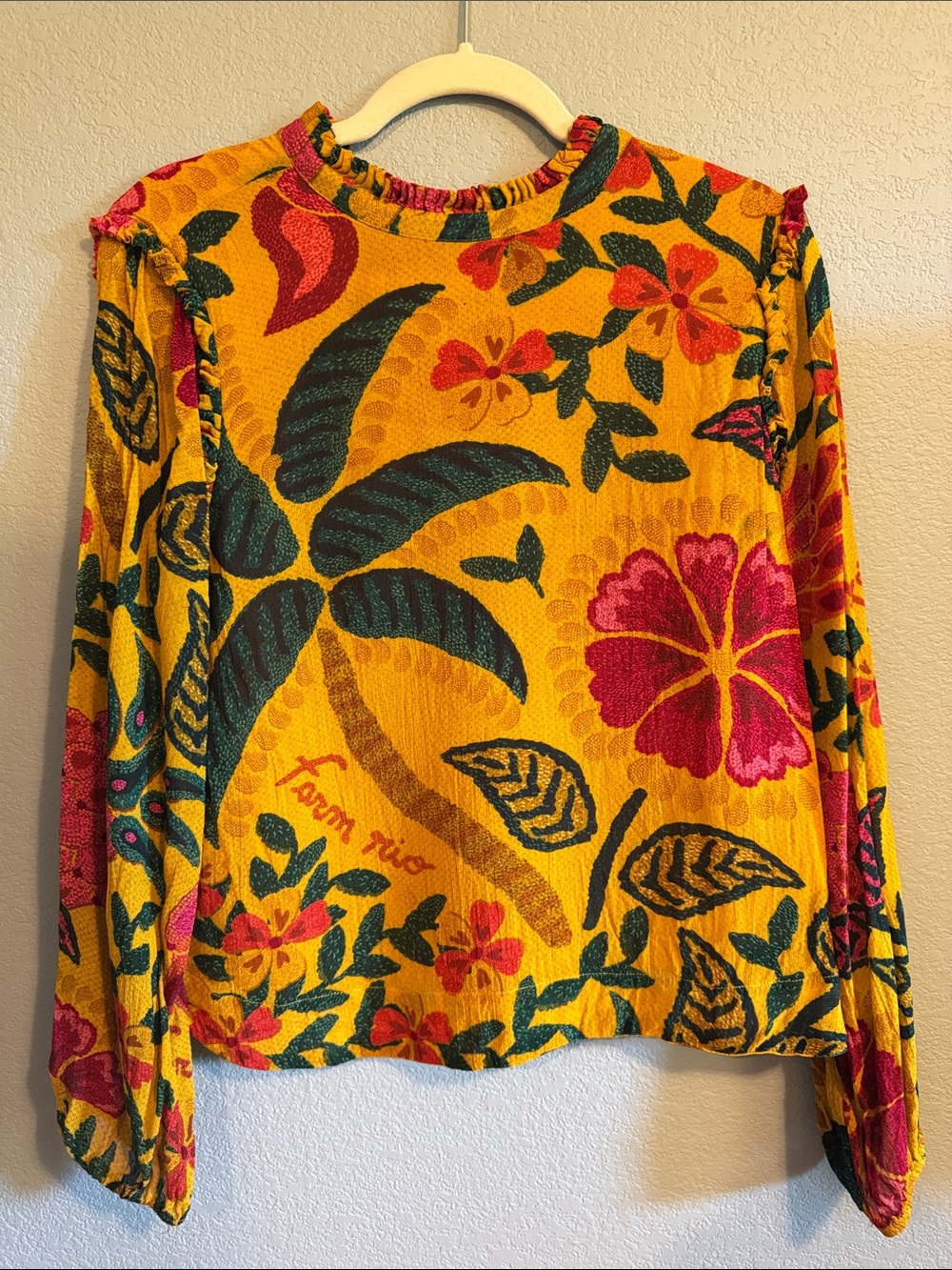 FARM Rio Golden Yellow Tropical Long Sleeve Tee with Pink & Green Floral Motif